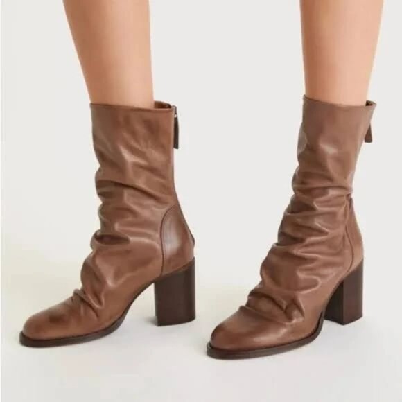 FREE PEOPLE Elle Block Heel Slouch Boots Size 39.5 9.5 Taupe Brown Leather NEW - Picture 3 of 14
